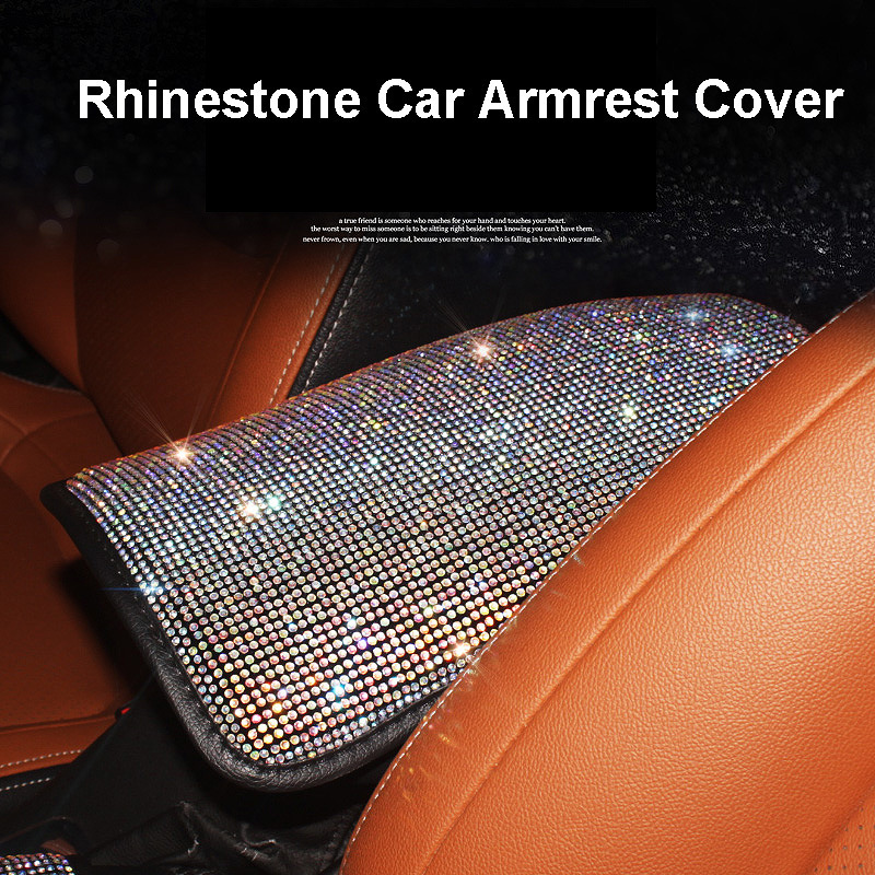 Car Armrest Box Pad Protective Cover with Rhinestones for Vehicle Interior Use, Full Rhinestone, Rhinestone with Sparkling Diamonds Armrest Cover