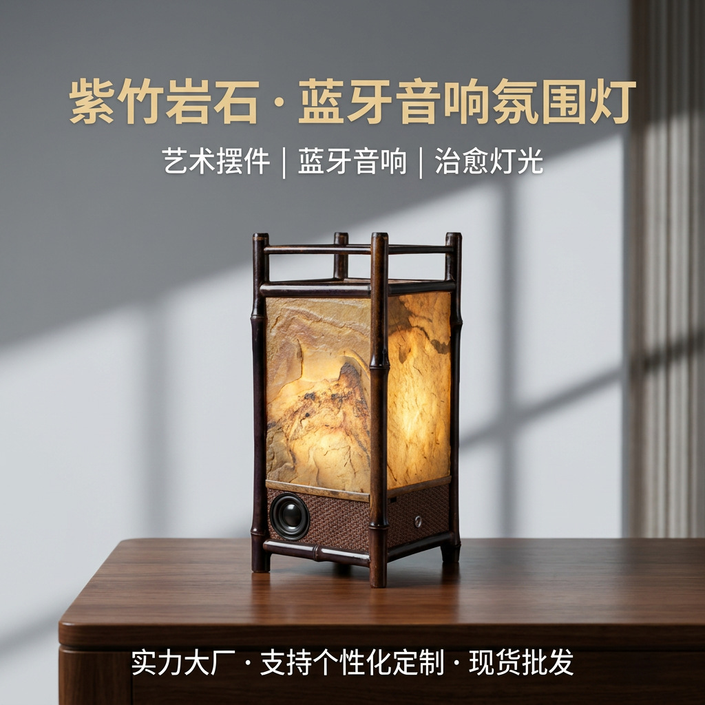 手工紫竹岩石蓝牙音箱氛围灯禅意中式茶室灯桌面音响摆件批发