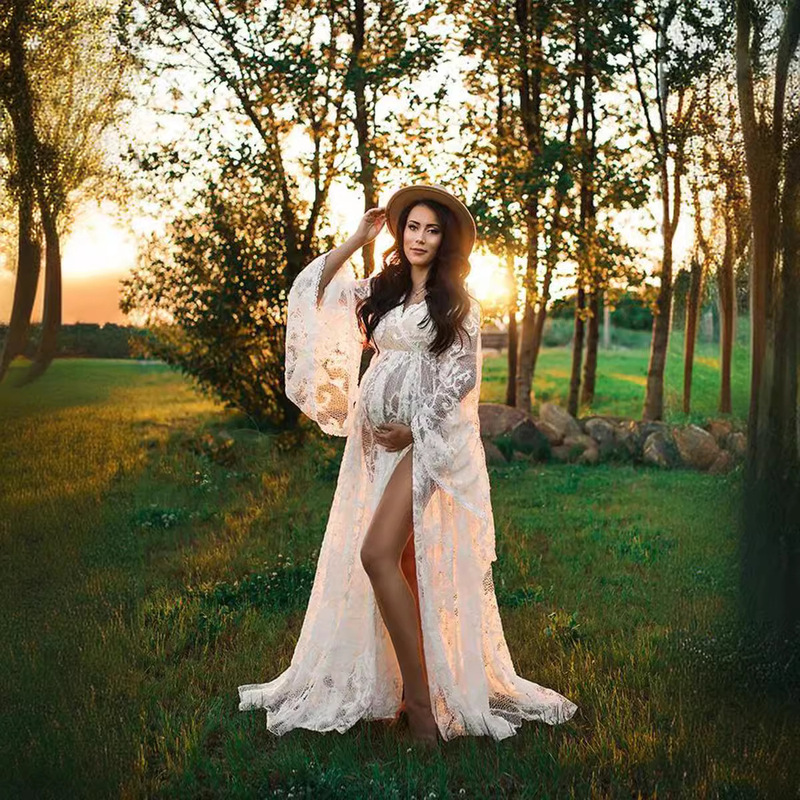 2025 Bohemian Style Pregnant Women's Lace V-neck High Waist dress Pregnant Women's Photographic Dress