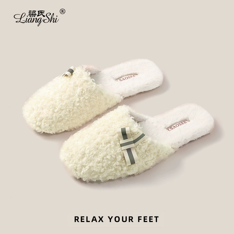 Liang Lady, плюшевые тапочки с милым бантом, женские домашние теплые Нескользящие тапочки с говяжьей подошвой для дома, осень и зима, для мужчин