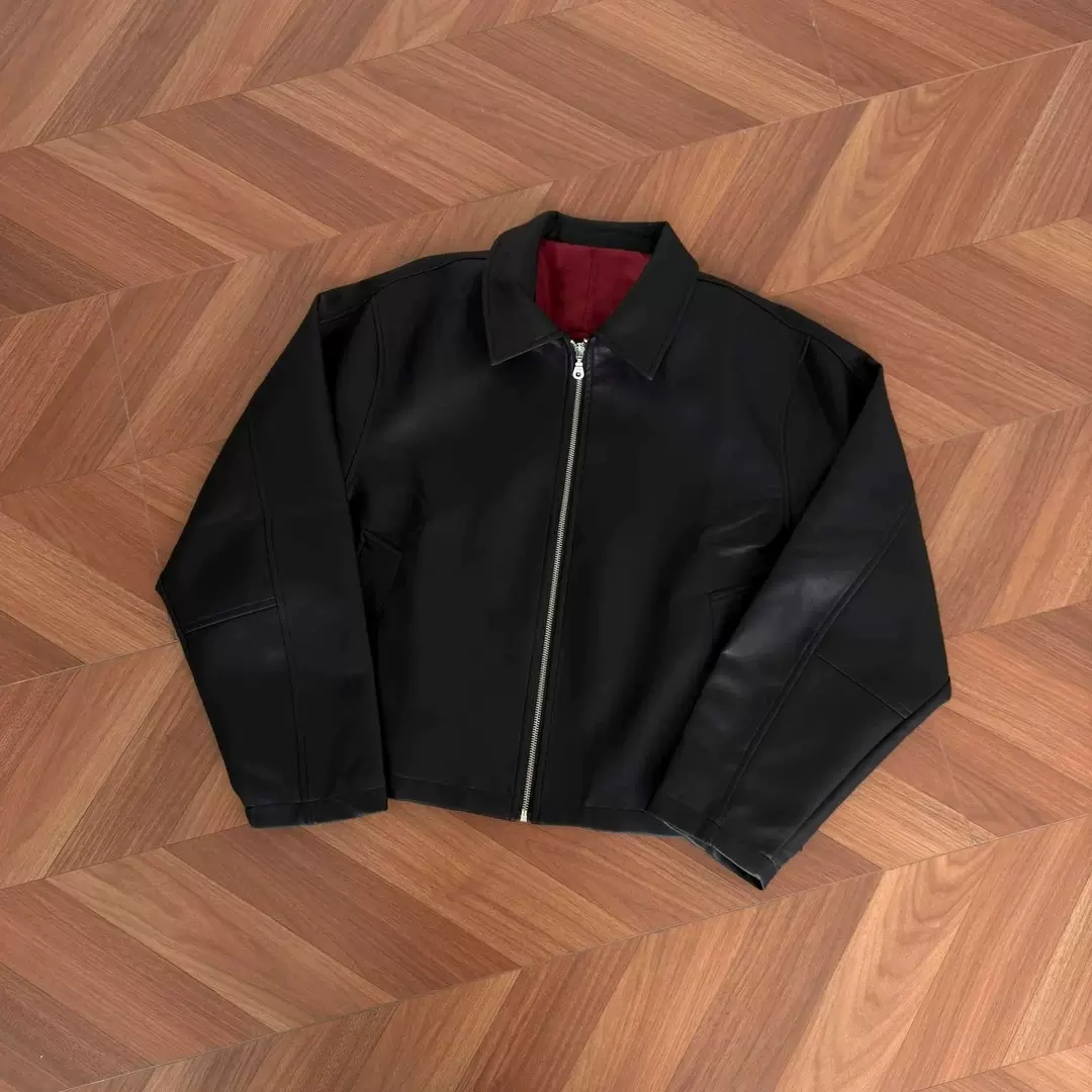 跨境复古高级感Cleanfit短宽可拉红内里皮衣外套男秋冬季pu皮夹克