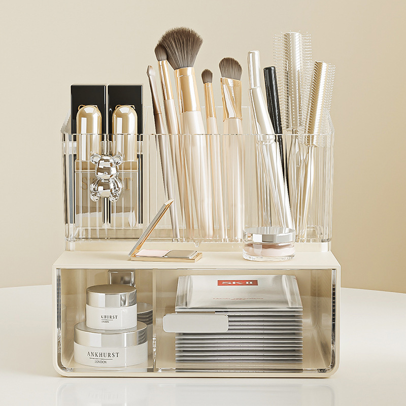 Cosmetics storage box, desktop transparent dustproof vanity table skincare lipstick makeup brush acrylic drawer shelf