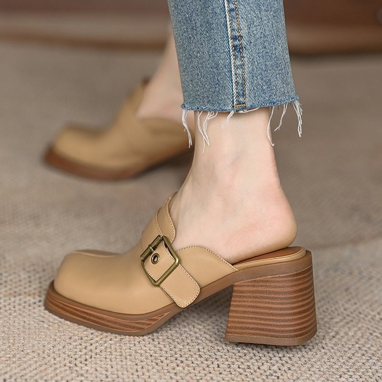 Baotou Half Slippers for Women New Retro Thick Heel Thick Sole Outer Wear Mule Shoes Belt Buckle Square Toe High Heel Sandals for Women