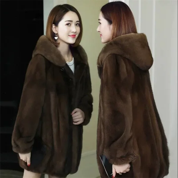 New Imitation Fur Coat for Women 2026 Winter Mink Style Haining Mid-Length Mother's Wear Hooded Mink Coat