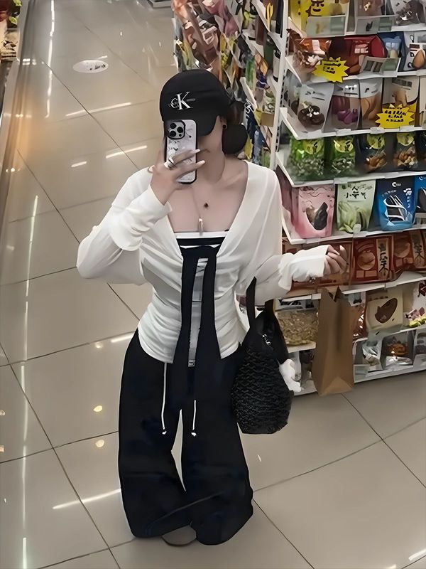 辣妹早秋套装女2025新款绑带条纹抹胸上衣搭配长袖防晒罩衫两件套|undefined