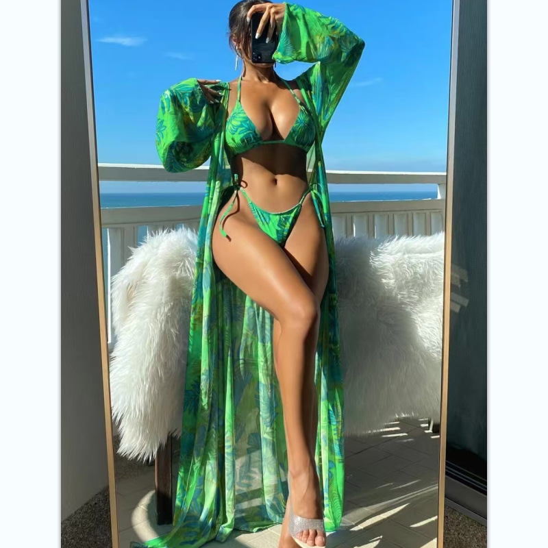 Women's Clothing Women's Three Piece Swimsuit Sexy Digital Print Long Sleeved Cover Up Style Two Piece Swimwear_voghion.com