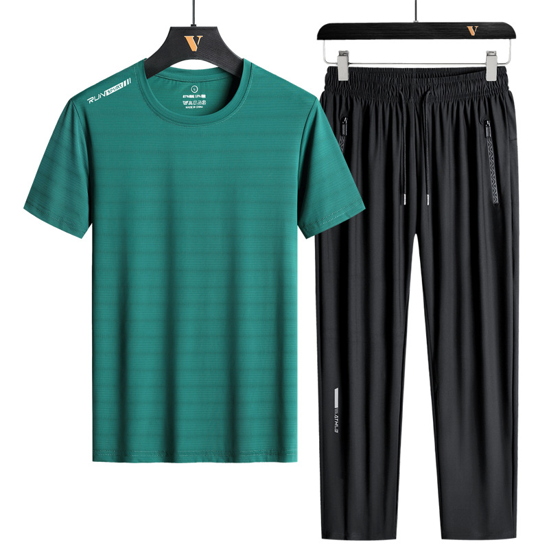 Traje deportivo de seda de hielo para hombres ropa de correr juvenil Verano de secado rápido casual Camiseta de manga corta Pantalones deportes traje de dos piezas
