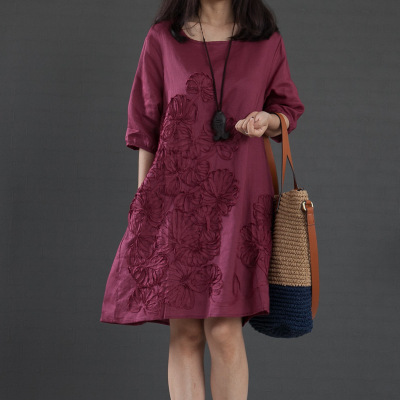 2026 Dress Plus Size Women's Clothing Artistic Style Fresh Loose Embroidered Long-Sleeved Cotton and Linen Dress Trendy