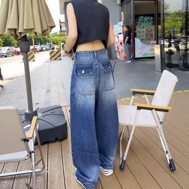 大码阔腿牛仔裤女秋季新款高腰胖显瘦宽松复古美式直筒裤子|undefined