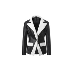 跨境女式PU皮衣黑白撞色外套翻领单扣门襟现货直供​Women's coat