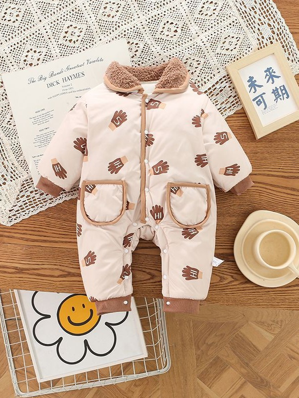 Bebé Invierno nueva ropa de algodón acolchado hombres y mujeres bebé forrado de lana acolchado mono engrosado guantes calientes impresos mameluco acolchado de algodón