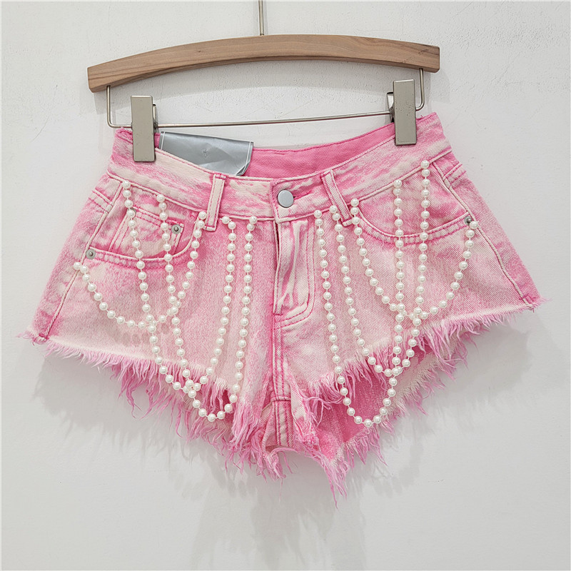 Pantalones Cortos de Mezclilla con Cuentas de Mezclilla con Bordes Deshilachados para Verano