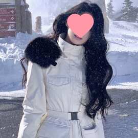 冬季新款大毛领防风收腰显瘦羽绒棉服女设计感撞色棉衣外套潮
