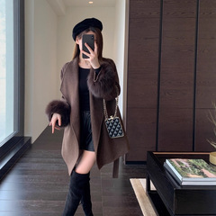 品质时髦豪华狐狸毛袖口设计翻领呢大衣外套女25秋冬新款