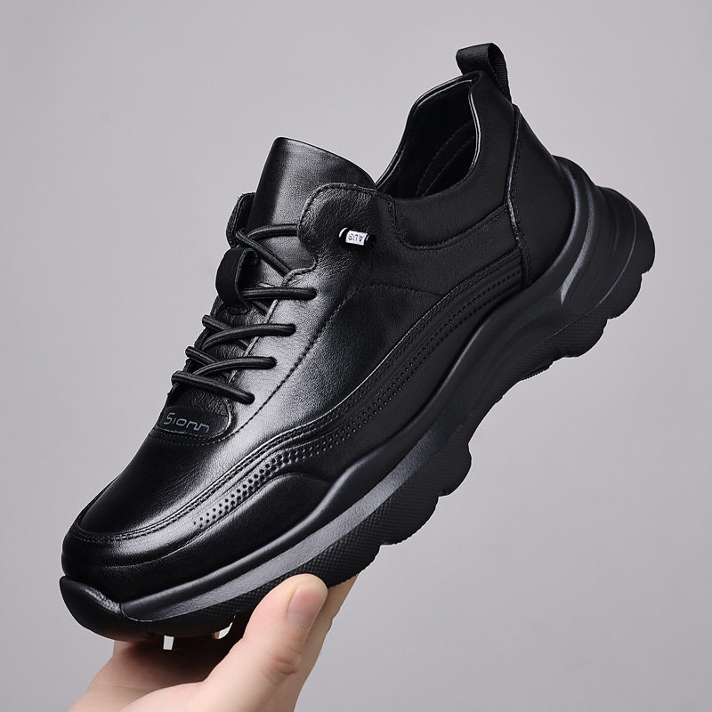 Giày sneaker nam da bò lớp đầu, đế xốp nhẹ, gót 3,5 cm — màu đen