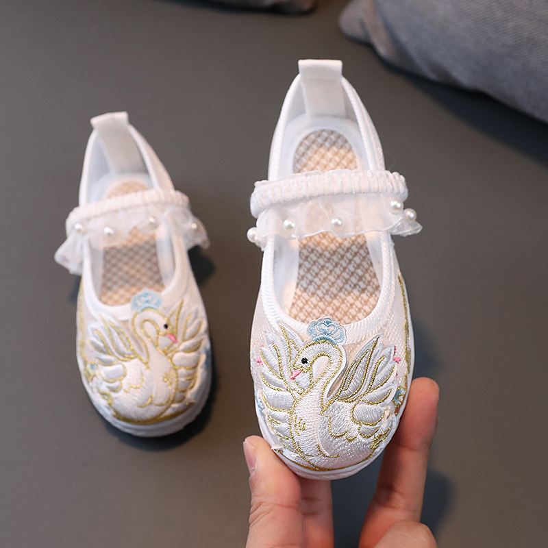 仙鵝款女童繡花鞋中國風兒童網紗鞋漢服鞋寶寶古裝表演鞋網紗布鞋