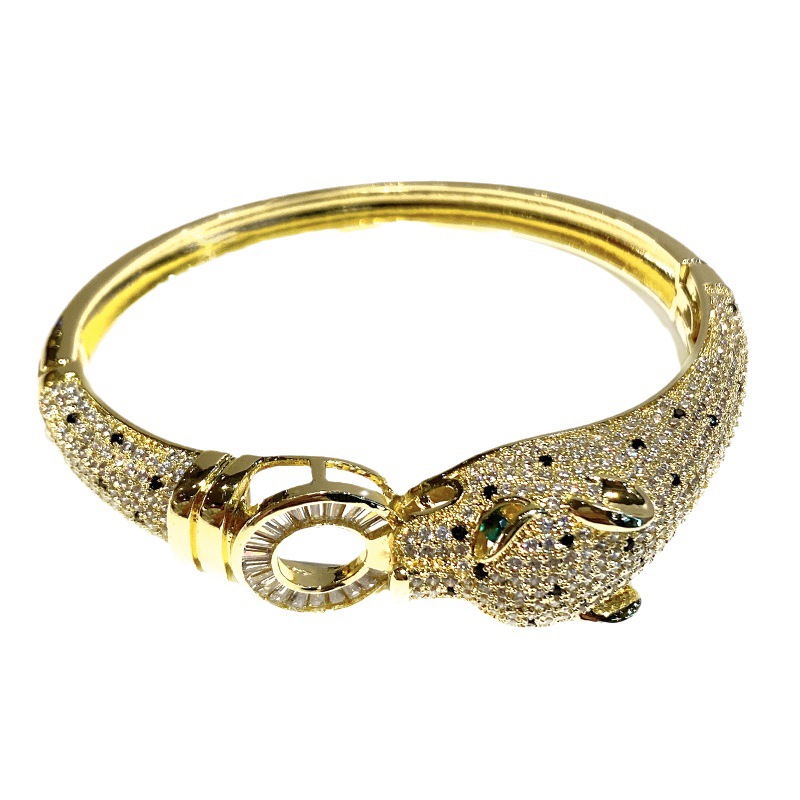 クロスボーダー新作ヒョウ柄18Kゴールドフルダイヤモンドジルコンカジアブレスレット女性用Amazon人気レトロファッションメッキ