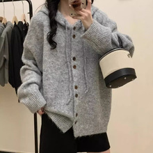 韩系慵懒风纯色软糯加厚连帽针织开衫宽松休闲气质白搭毛衣女