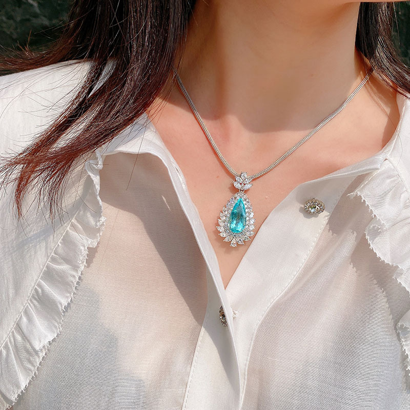 Fashion Water Droplets Copper Pendant Necklace Inlay Artificial Gemstones Copper Necklaces