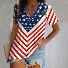 2025跨境亚马逊wish亚马逊流行女装美国独立日印花短袖V领上衣T恤