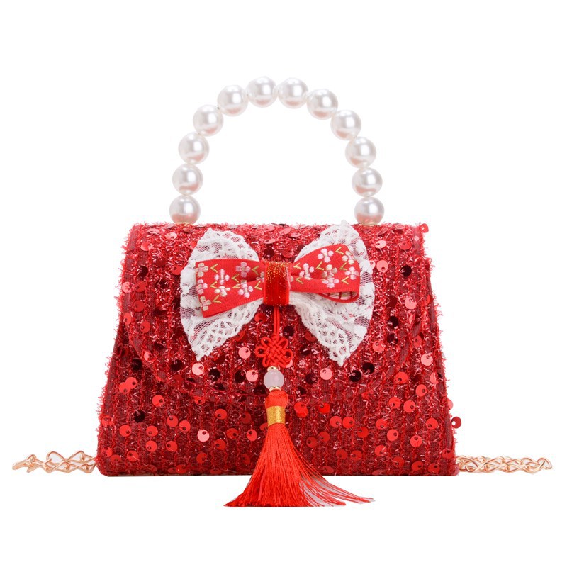 Bagos rojos perfumados para niñas bolsos de hombro con sequillas de perlas, bolsos para niños, bolsos de Año Nuevo para niños