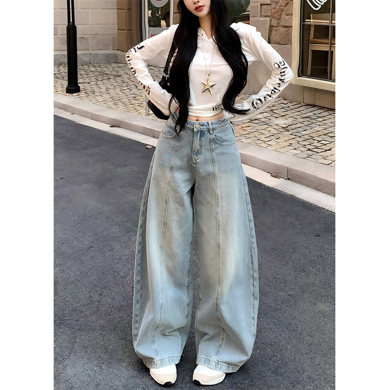 潮流浅色宽松阔腿牛仔裤女2025年早秋新款高腰百搭休闲拖地弯刀裤|undefined