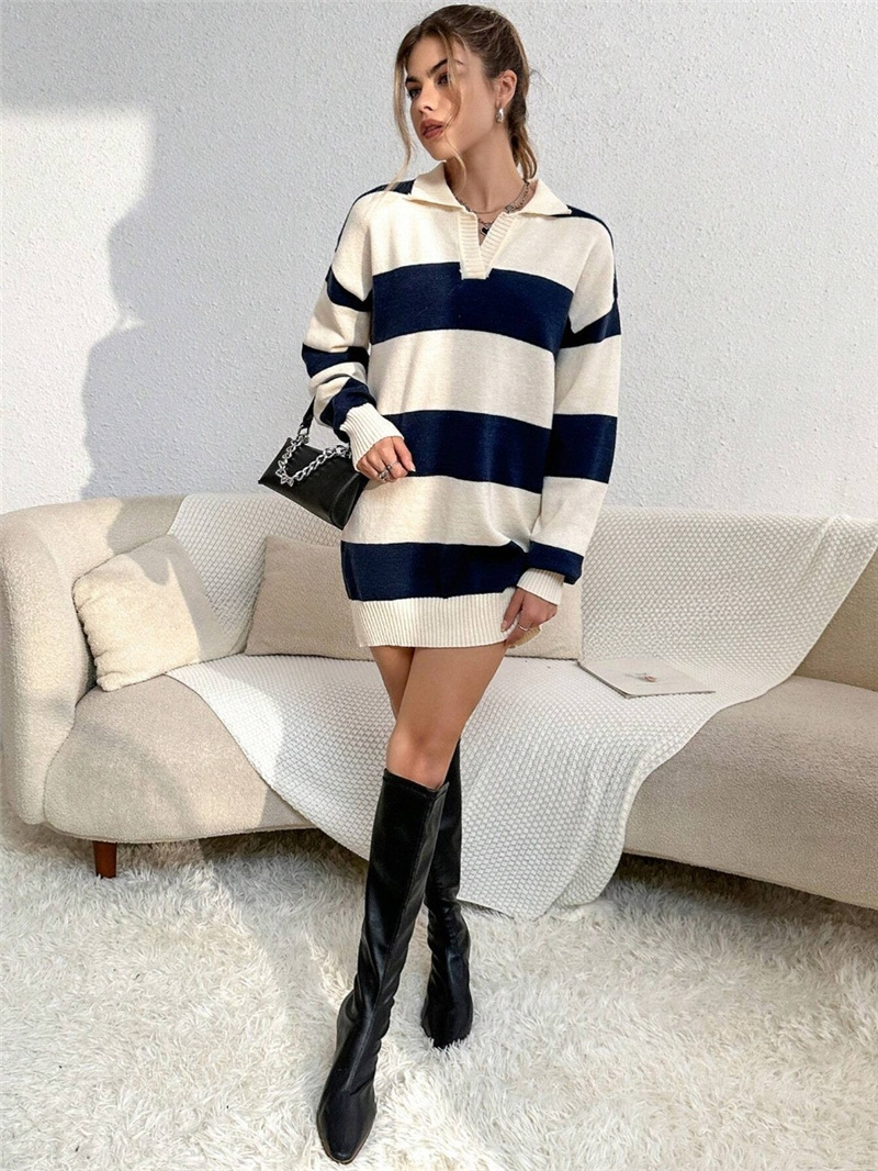 Autumn Winter Contrast Color Stripes Loose Slimming Knitted Woolen