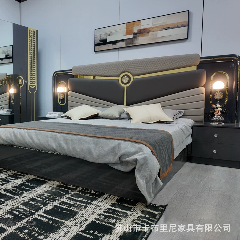 Экспортный модульный комплект мебели для спальни, включая двуспальную кровать, шкаф и туалетный столик, полный набор в стиле лайт-люкс.