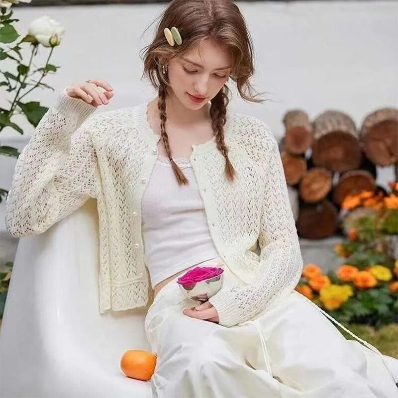 Spring and Summer New Thin Hollow-Out Knit Cardigan for Women, Lazy Style Round Neck Short Jacket, Slimming Solid Color Top Spring and Summer New Thin Hollow-Out Knit Cardigan for Women, Lazy Style Round Neck Short Jacket, Slimming Solid Color Top