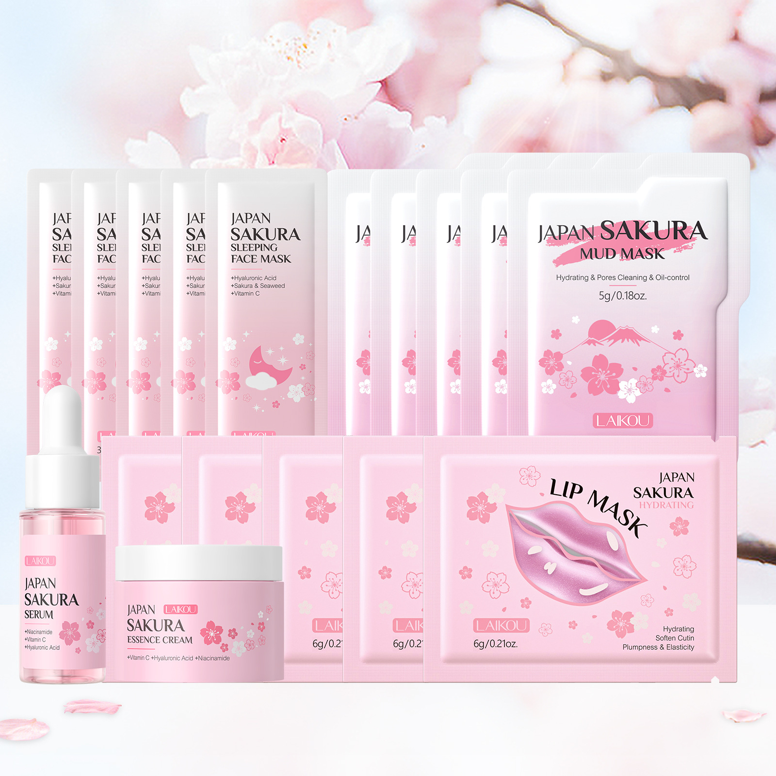 Conjunto combinado de leche de caracol y flor de cerezo LAIKOU transfronterizo, varios conjuntos, kit de productos para el cuidado de la piel de combinación libre.