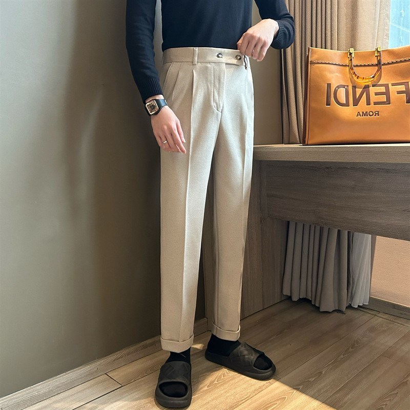 Autumn and Winter Thick Woolen Pants Men's Slim-Fit Straight-Tube Dosing Casual Trousers Business Gentleman Anti-Wrinkle High Waist Pants