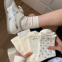 奶白色棉中筒袜春夏百搭纯色堆堆袜长袜韩版波点木耳边月子袜女