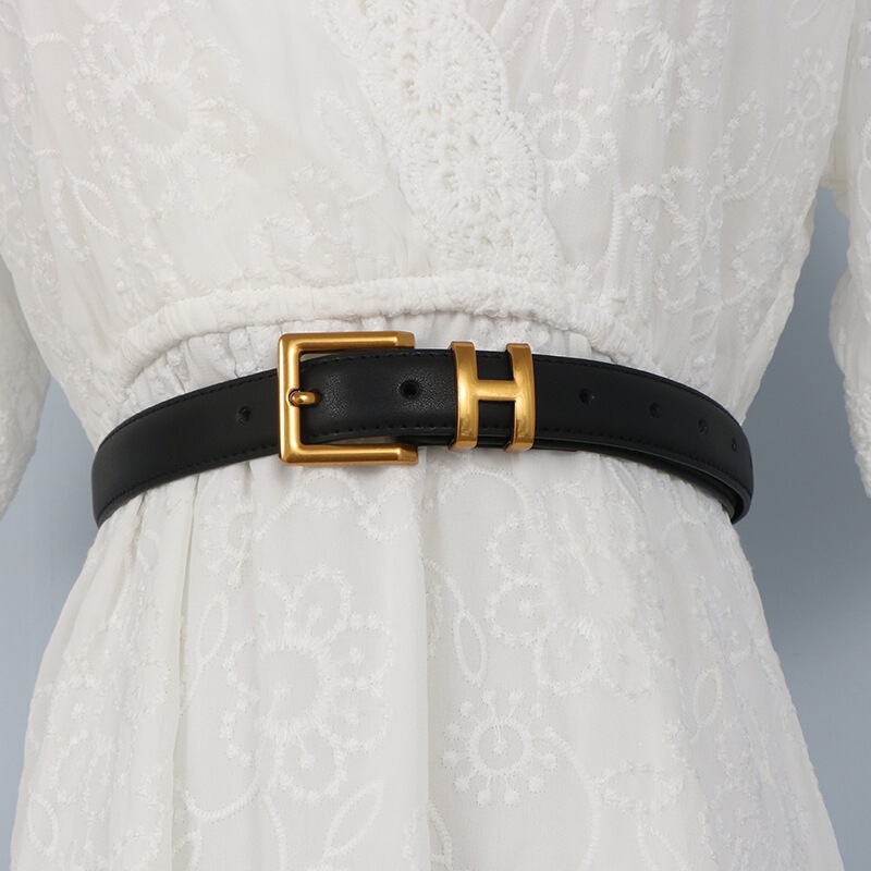 Light Luxury Style Gold Metal H Buckle Stitched Genuine Leather Belt for Women, Suitable for Jeans and Suits, Ins Style Light Luxury Style Gold Metal H Buckle Stitched Genuine Leather Belt for Women, Suitable for Jeans and Suits, Ins Style