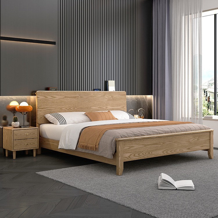 Walnut Wood Pattern Master Bedroom 1.8m Double Modern Simple Solid Wood Bed Household Nordic 1.5m Single Modular Bed Frame