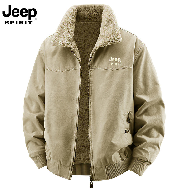 JEEP SPIRIT品牌羊羔绒外套男秋冬季加绒加厚棉衣军绿驼色棕色米|undefined