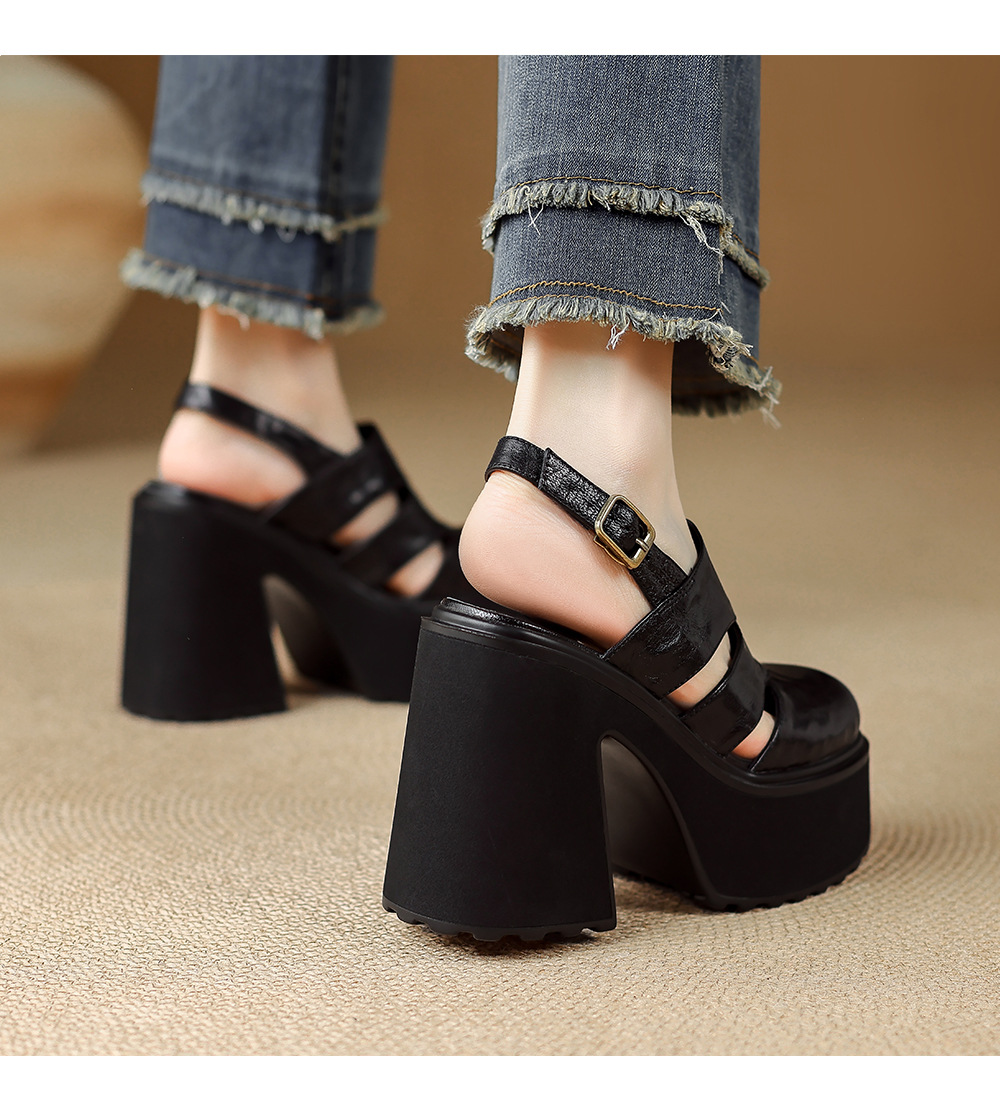 Sandal cao gót nữ đế dày quai ngang bọc da, gót 9 cm — màu nâu, màu đen chi tiết 6