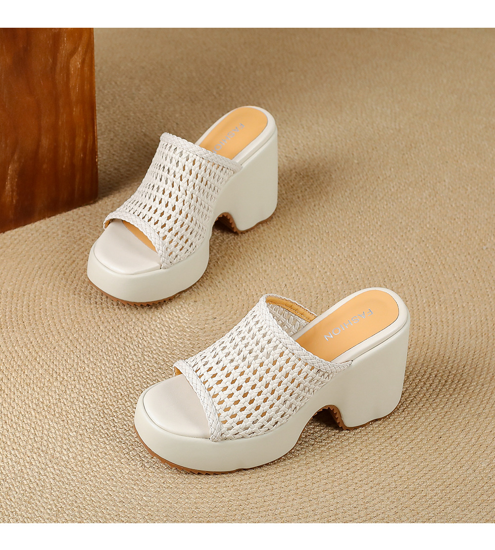 Sandal cao gót nữ hở mũi đế xuồng đan lát phong cách La Mã — màu đen, màu trắng ngà, bạc chi tiết 14