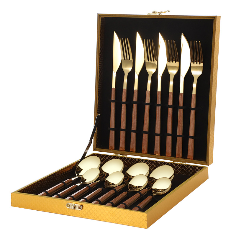 Mango de clip de grano de madera Cuchillo, tenedor y cuchara de acero inoxidable de estilo japonés Traje de vajilla occidental Cuchillo de carne de 16 piezas, tenedor y cuchara Juego de vajilla de 12 piezas