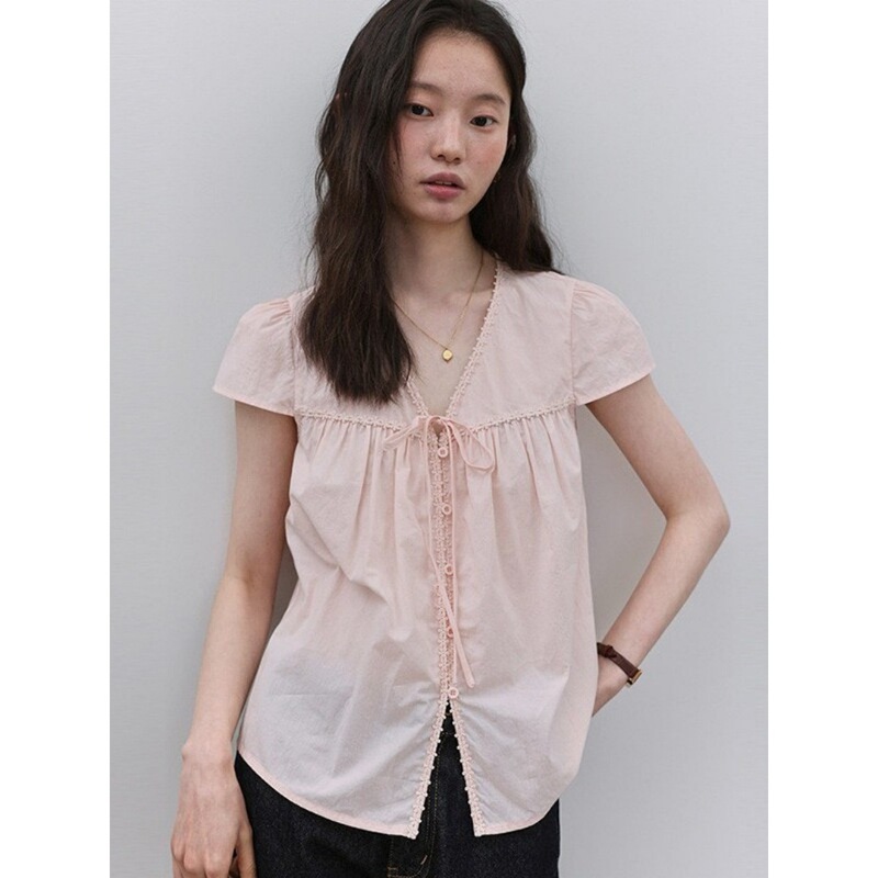 "Mustard Pie Vooe" Pink V-Neck Lace Pleated Shirt for Women, New Summer Style, Sweet Pure Cotton Top with Ties