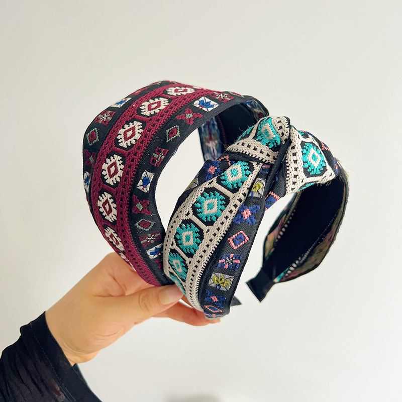 波西米亞民族風針織布藝歐美跨境寬邊發箍女款網紅刺繡頭扣頭箍女