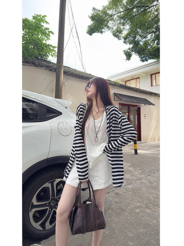 慵懒风韩系撞色条纹长袖开衫外套女秋季宽松休闲百搭显瘦防晒上衣|undefined