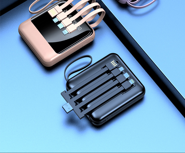 Cross-border Wholesale Power Bank 20000mAh Large Capacity Portable Mobile Charger with Built-in Cable Custom Logo