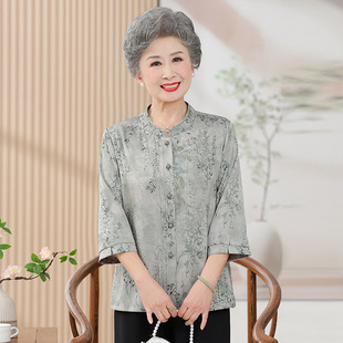 Grandma summer shirt middle-aged and elderly seven-sleeve top 70-year-old lady cardigan clothes old man shirt foreign style