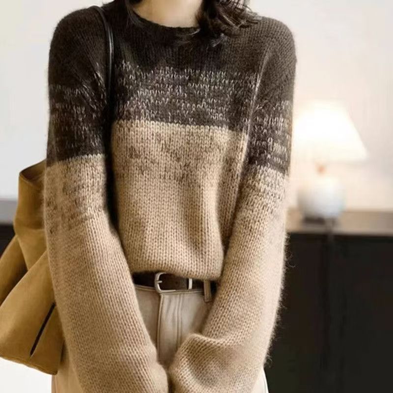 【 Cashmere Family 】 Round neck short wool base sweater women's color blocked loose plus thick knit inner layer_voghion.com