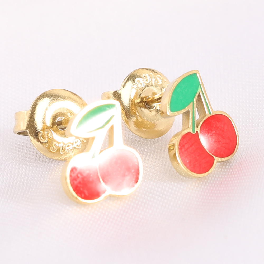 All Seasons Season 1 Pair Simple Style Cherry Heart Shape Strawberry Enamel Titanium Steel Ear Studs