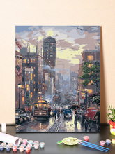 数字油画diy油彩画城市街景手绘装饰画电车风景画复古手工填色画