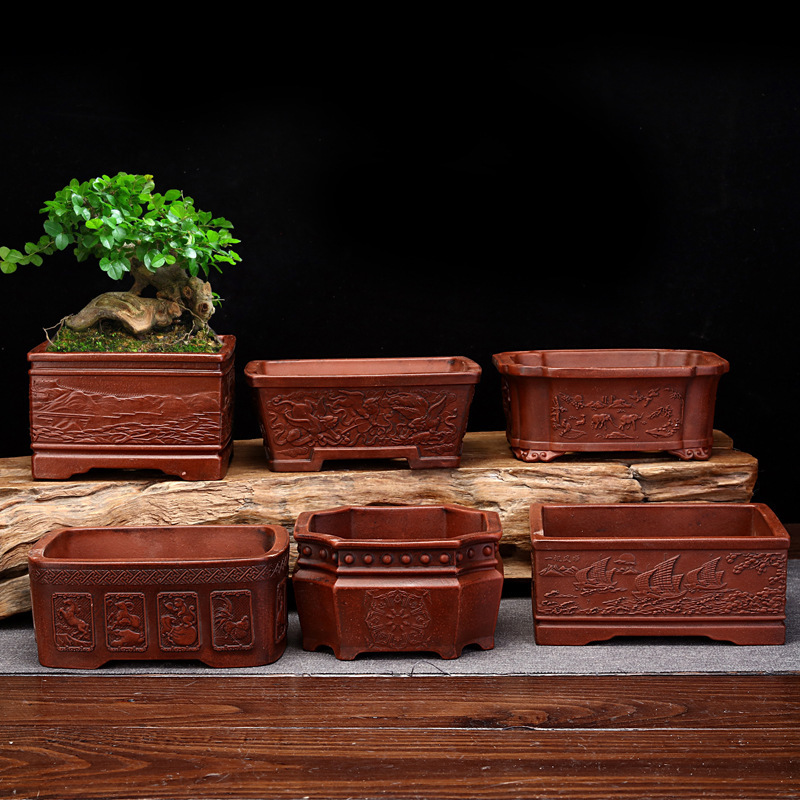Yixing Purple Clay Small Flower Pots, Square and Rectangular, Antique-Style, for Desktop Flowers, Green Plants, Succulents, Wholesale Bonsai Yixing Purple Clay Small Flower Pots, Square and Rectangular, Antique-Style, for Desktop Flowers, Green Plants, Succulents, Wholesale Bonsai