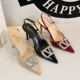 312-K202 stylish high-heeled shoes with rhinestone V-buckle decoration, pointed shallow mouth straight buckle strap, single shoe for women