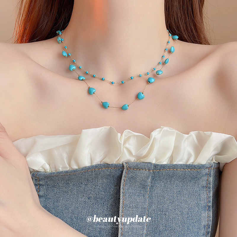 Collar con cuentas de piedra artificial bohemia chapada en oro real, cadena de clavícula retro de lujo ligero, joyería simple de alta gama