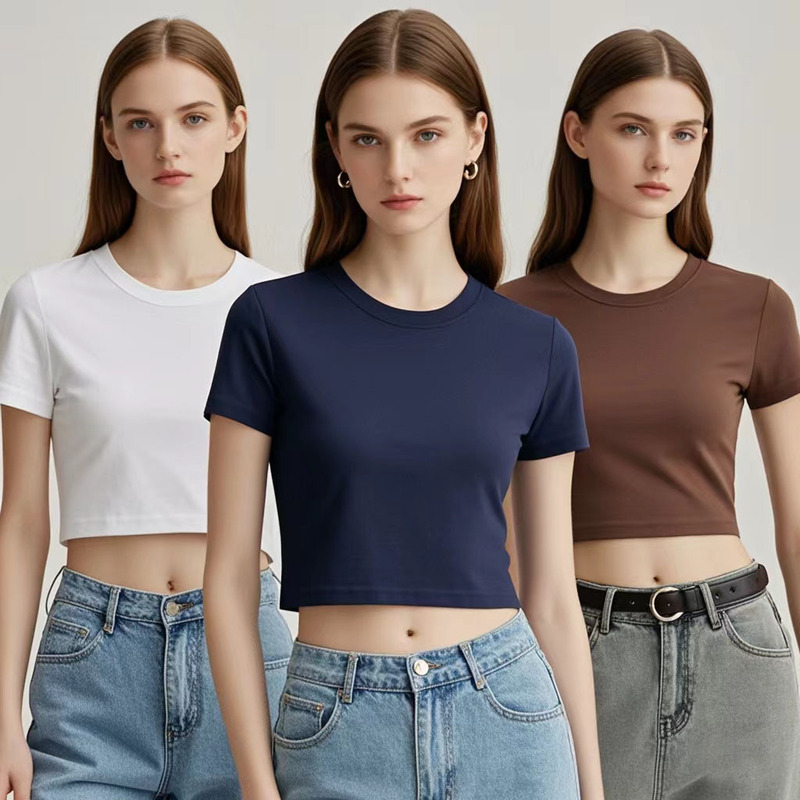 European and American Ins Odell Cotton Short Navel-Baring Short-Sleeved Women's Heavy Cotton Pullover Round Neck American Short Right Shoulder T-Shirt